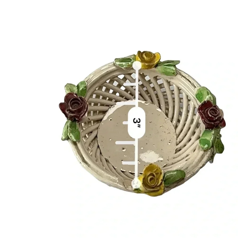 Capodimonte Vintage Art Woven Rope Vase Italy. White w/ Yellow & Red Roses Set - Picture 11 of 11